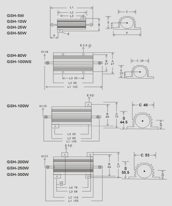 Specification drawing of Aluminum Housed Wirewound Resistors